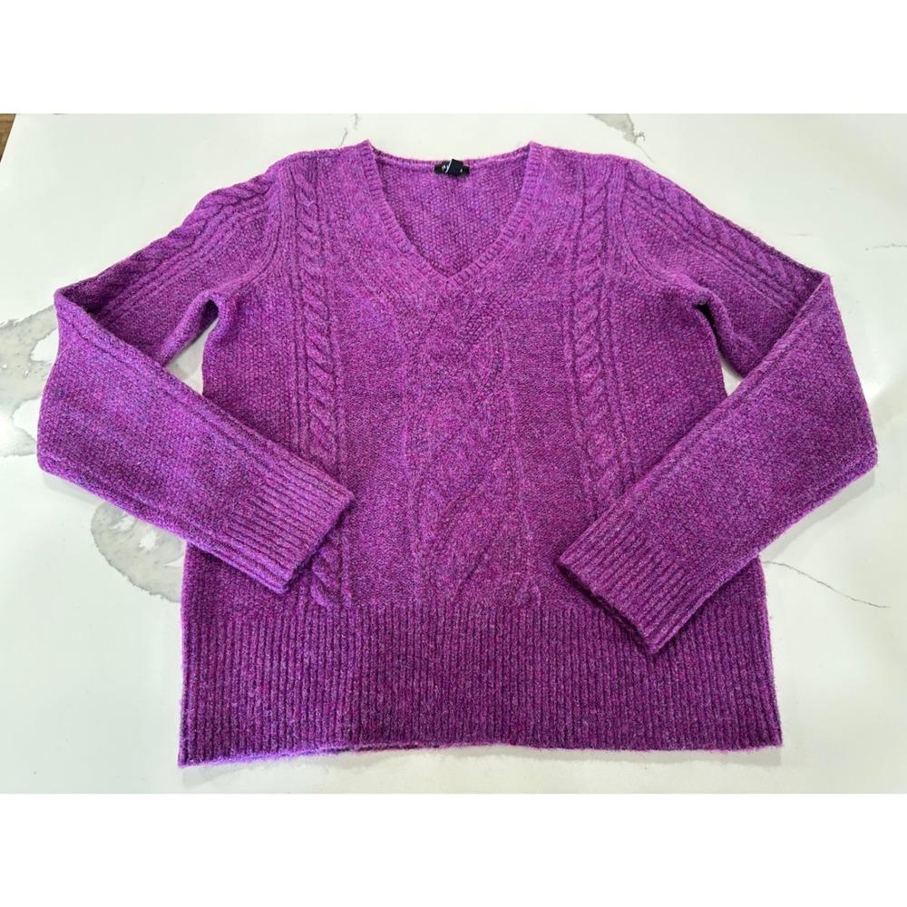 Talbots Womens Purple Cable Knit V Neck Wool Blend Sweater Size XS‎